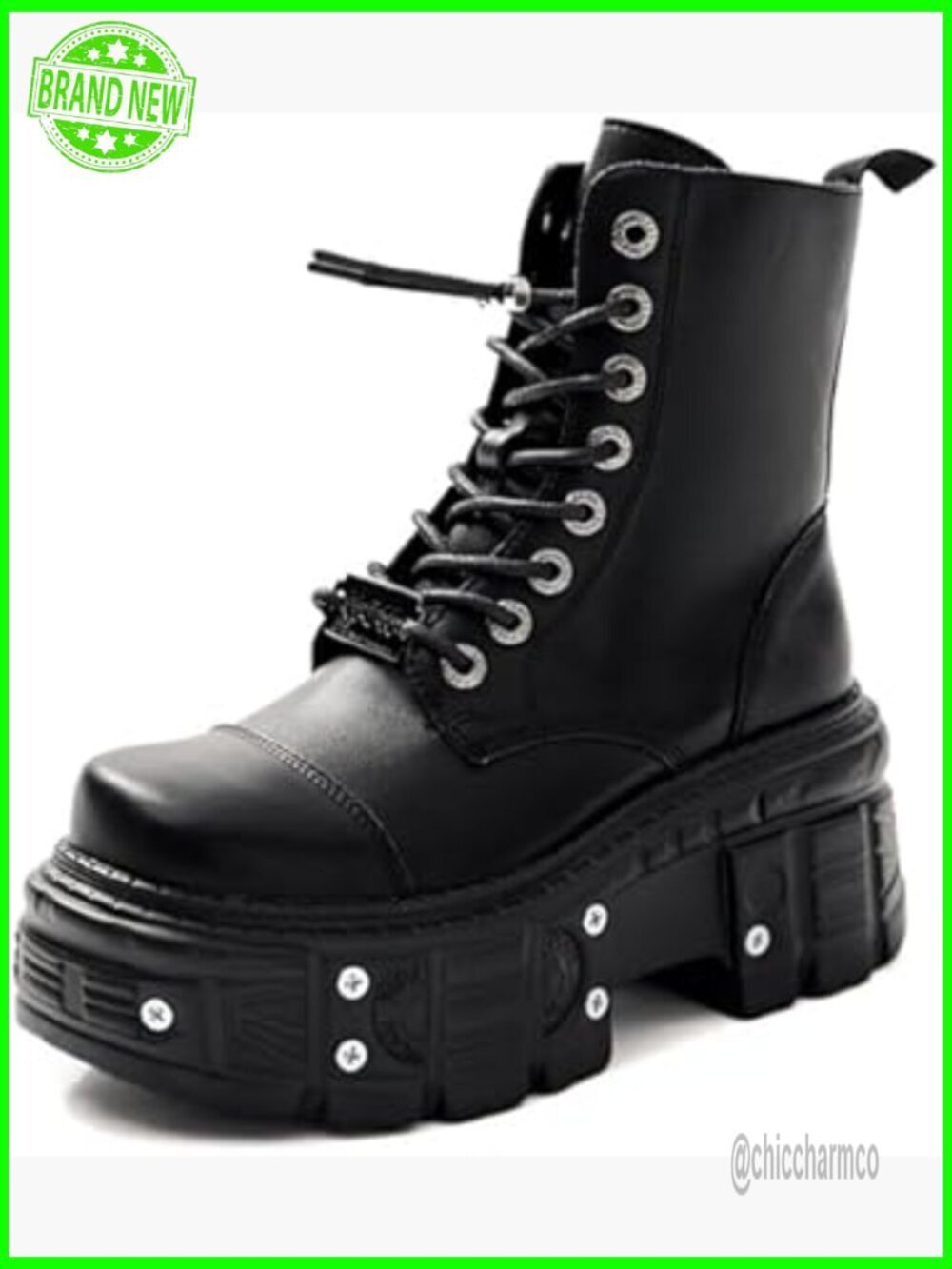 Studded Buckle Lace Up Chunky Platform Combat Boots Punk Motorcycle Ankle